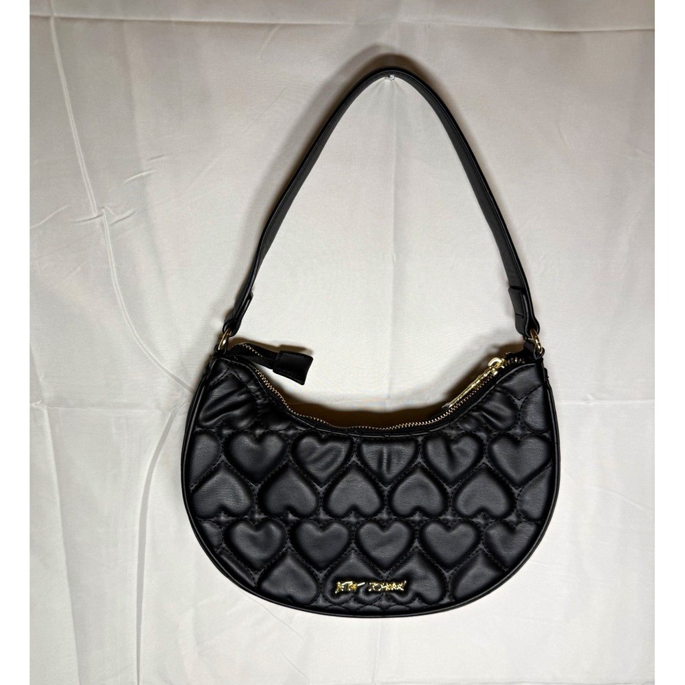 Betsey Johnson Black Heart Quilted Shoulder Bag Zip Top Gold Hardware